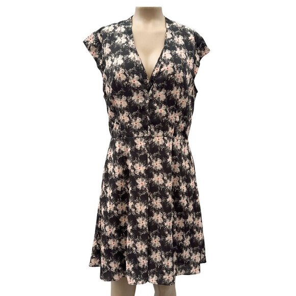 Reiss Floral Crawford Fluid Dress V-Neck Keyhole Black Flowy Cap Sleeve Women 12